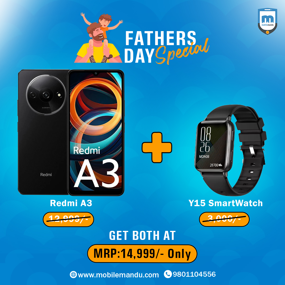 Redmi A3  3/32 GB + Y15 Smart Watch  ( fathers day special)